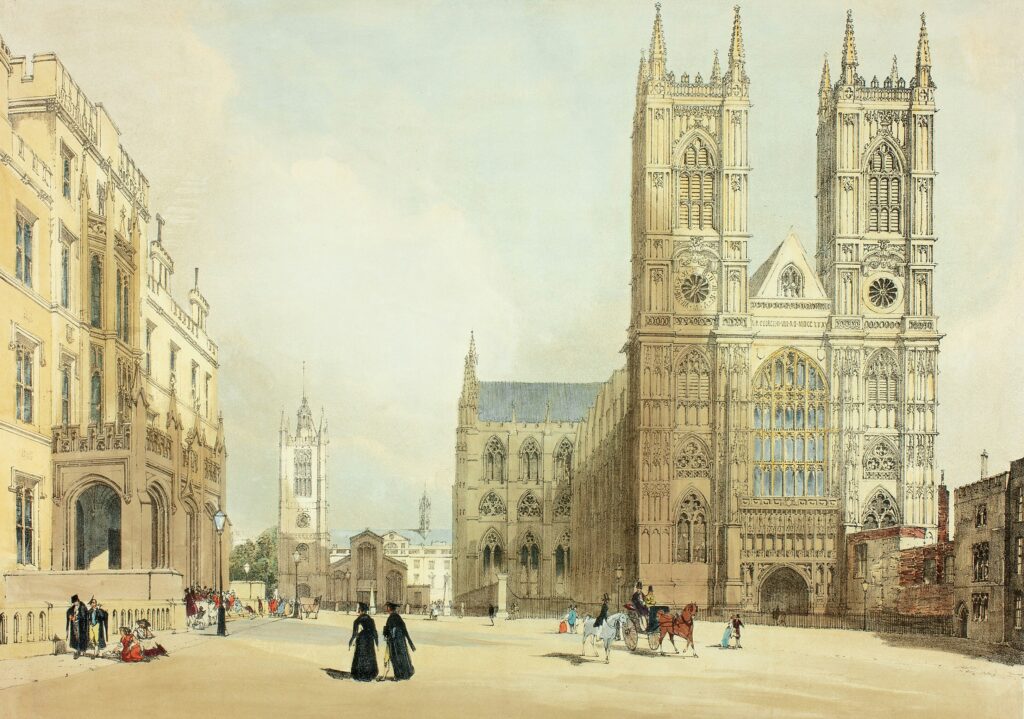 Vista urbana de Londres no século XIX, com edificações e estilo de vida da era vitoriana.