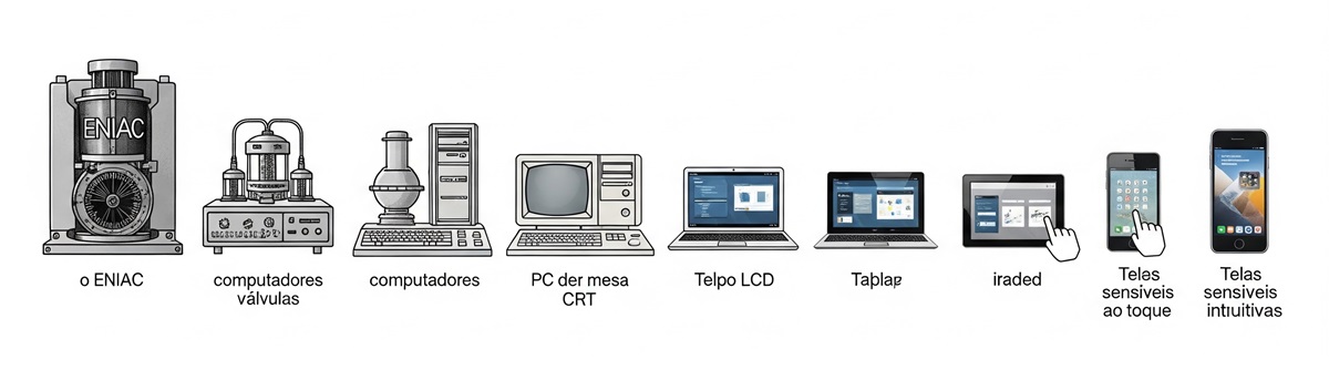 Evolução dos computadores, desde o ENIAC até os smartphones modernos.