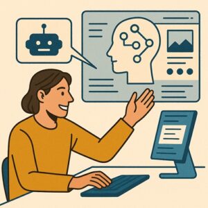 Pessoa interagindo com interface digital que mostra robô e cabeça humana com circuito, simbolizando colaboração com IA.