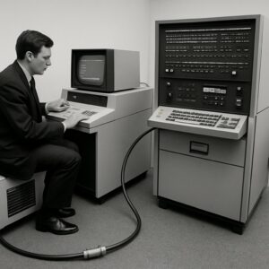 Homem digitando em um terminal conectado a um computador mainframe antigo.