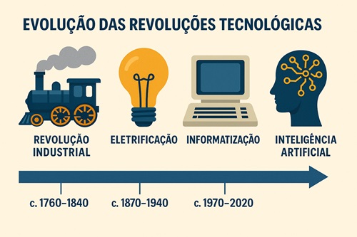 Infográfico linha do tempo: Evolução das Revoluções Tecnológicas (Industrial, Eletrificação, Informatização, Inteligência Artificial).