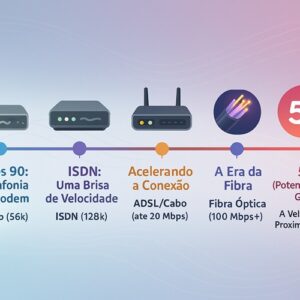 Linha do tempo visual da evolução da velocidade da internet, da discada ao 5G.