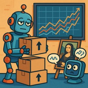 Robô entediado empilhando caixas, gráfico de crescimento de profissões ao fundo e um pequeno monitor de computador confuso olhando para a Mona Lisa.