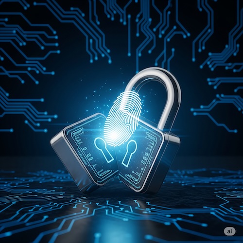 Chaves de acesso ou passkeys representadas por um cadeado digital sendo aberto por uma impressão digital.