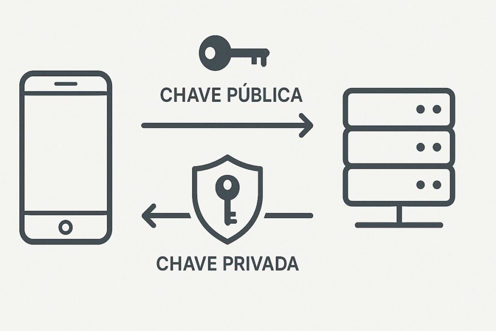 Infográfico mostrando como as chaves de acesso funcionam com uma chave pública no servidor e uma chave privada no dispositivo do usuário.