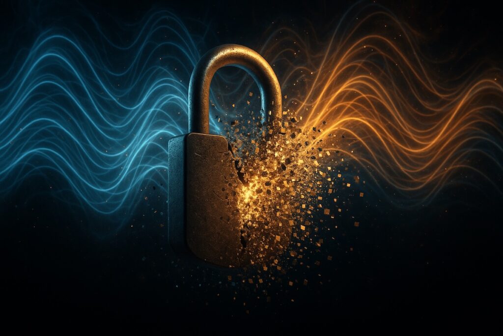Cadeado representando a criptografia atual sendo quebrado por ondas de energia, simbolizando a ameaça da computação quântica.