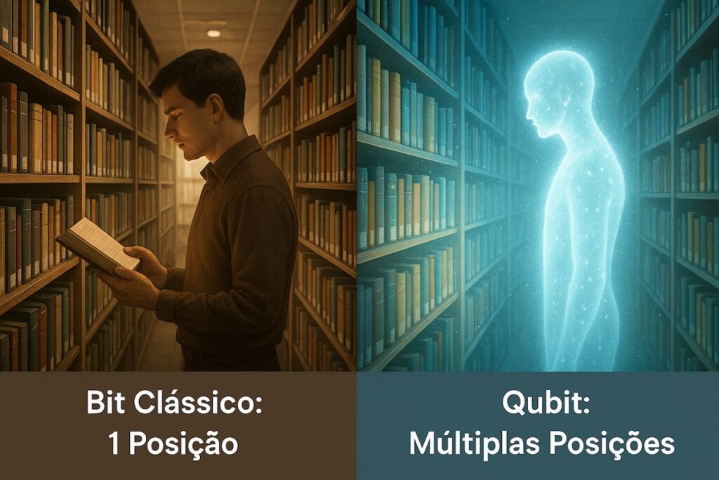 Comparativo visual mostrando a diferença entre um bit clássico e um qubit usando a analogia de uma biblioteca.