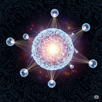Representação artística da computação quântica, com um qubit brilhante no centro simbolizando superposição e entrelaçamento.