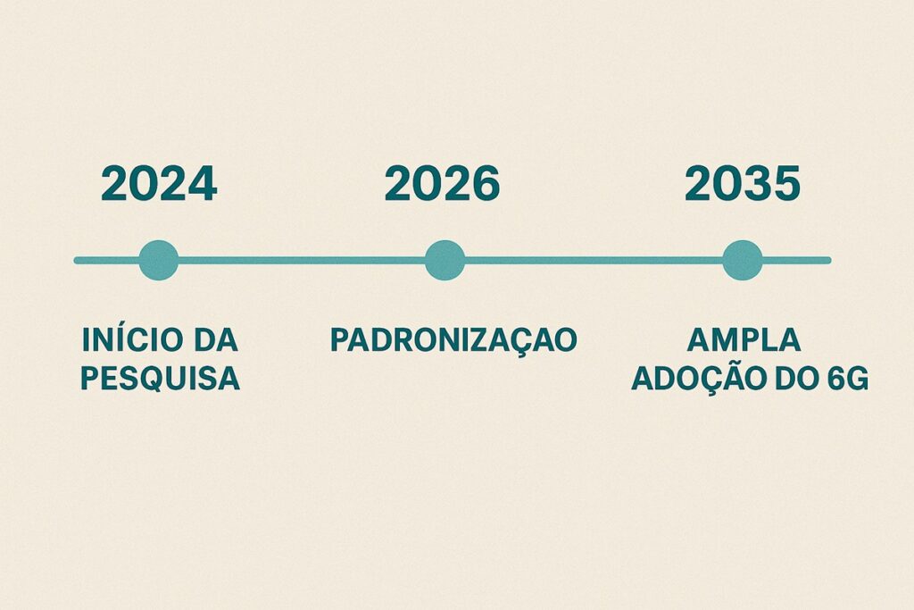 Timeline visual mostrando a evolução do 6G de 2024 até 2035, com marcos importantes