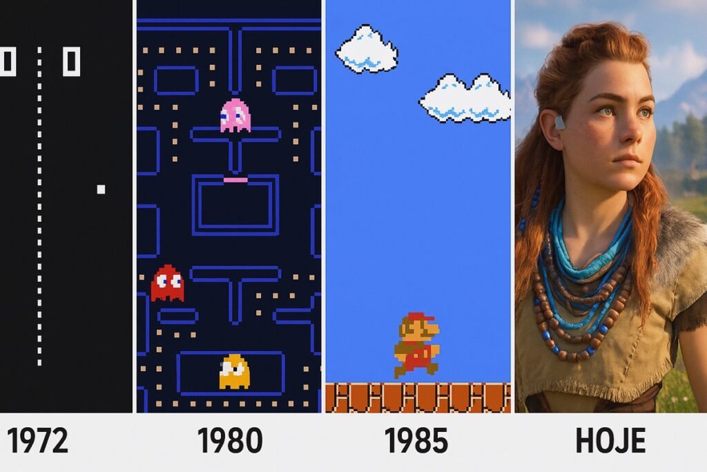 Linha do tempo visual mostrando a evolução dos gráficos de games de 1972 até hoje