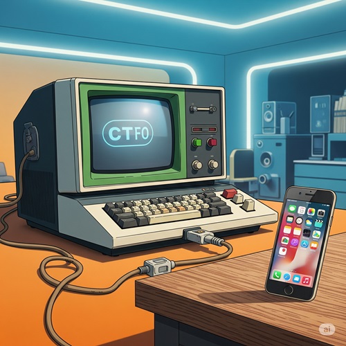 Computador antigo e smartphone moderno conectados por um cabo, representando a evolução da internet