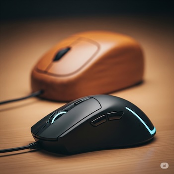 Imagem mostrando a evolução da história do mouse, com um modelo moderno em primeiro plano e o primeiro mouse de madeira ao fundo.