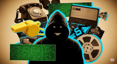 História dos primeiros hackers: uma colagem com telefone antigo, código e a figura de um pioneiro da computação