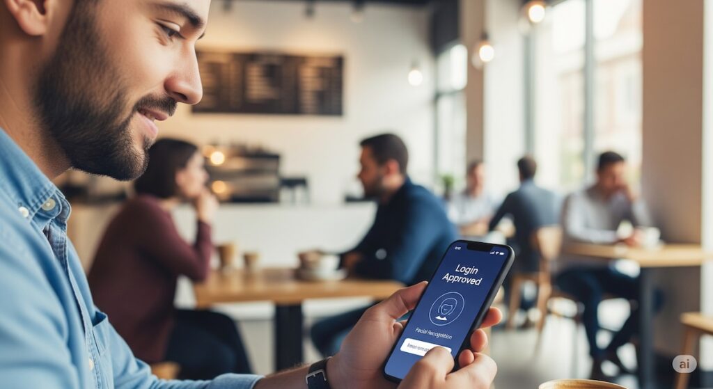 Usuário fazendo login em um aplicativo com reconhecimento facial usando chaves de acesso em seu smartphone.