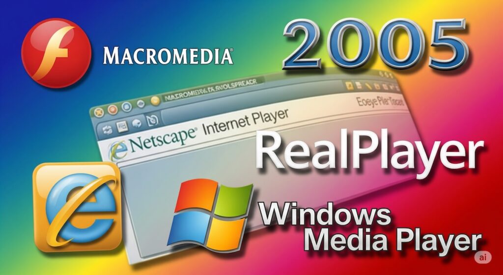Collage de logos de tecnologias da internet de 2005, mostrando o contexto antes do primeiro vídeo do YouTube.