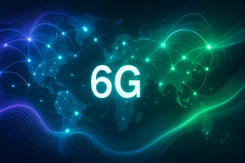 Uma representação visual abstrata ou conceitual de uma rede 6G. Pense em ondas de energia vibrantes e iluminadas (azul, roxo, verde neon)