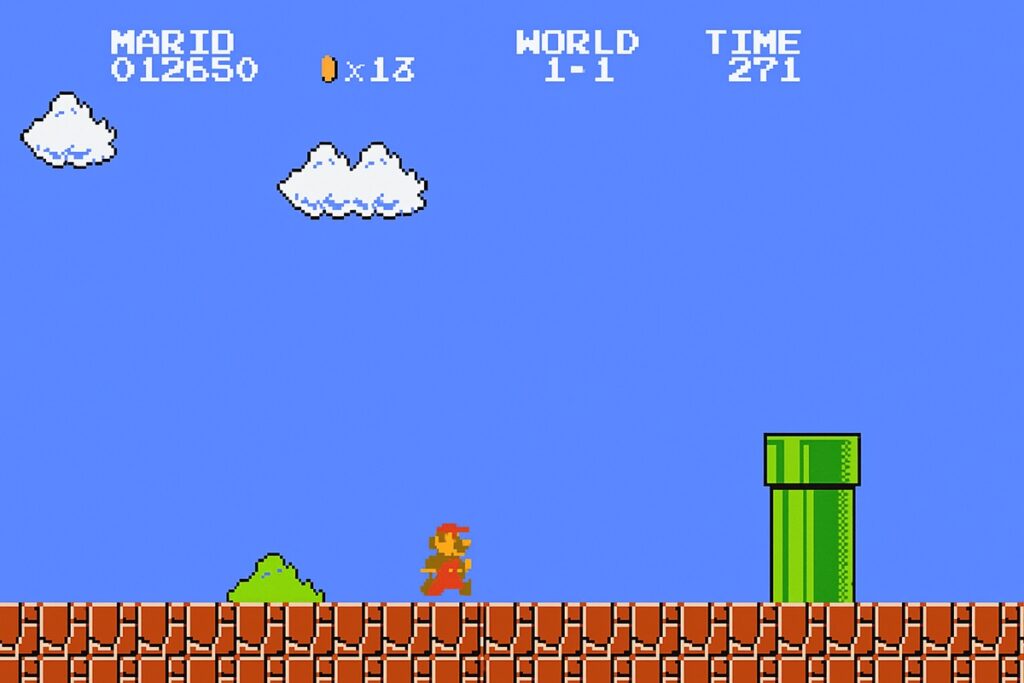 primeiro nível de Super Mario Bros com Mario correndo